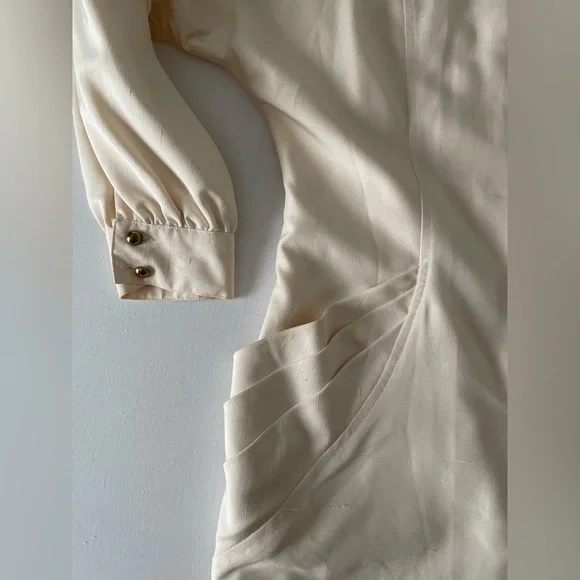 Vintage Silk Cream Button Midi Dress with Shoulder Pads Medium M - Picture 7 of 15
